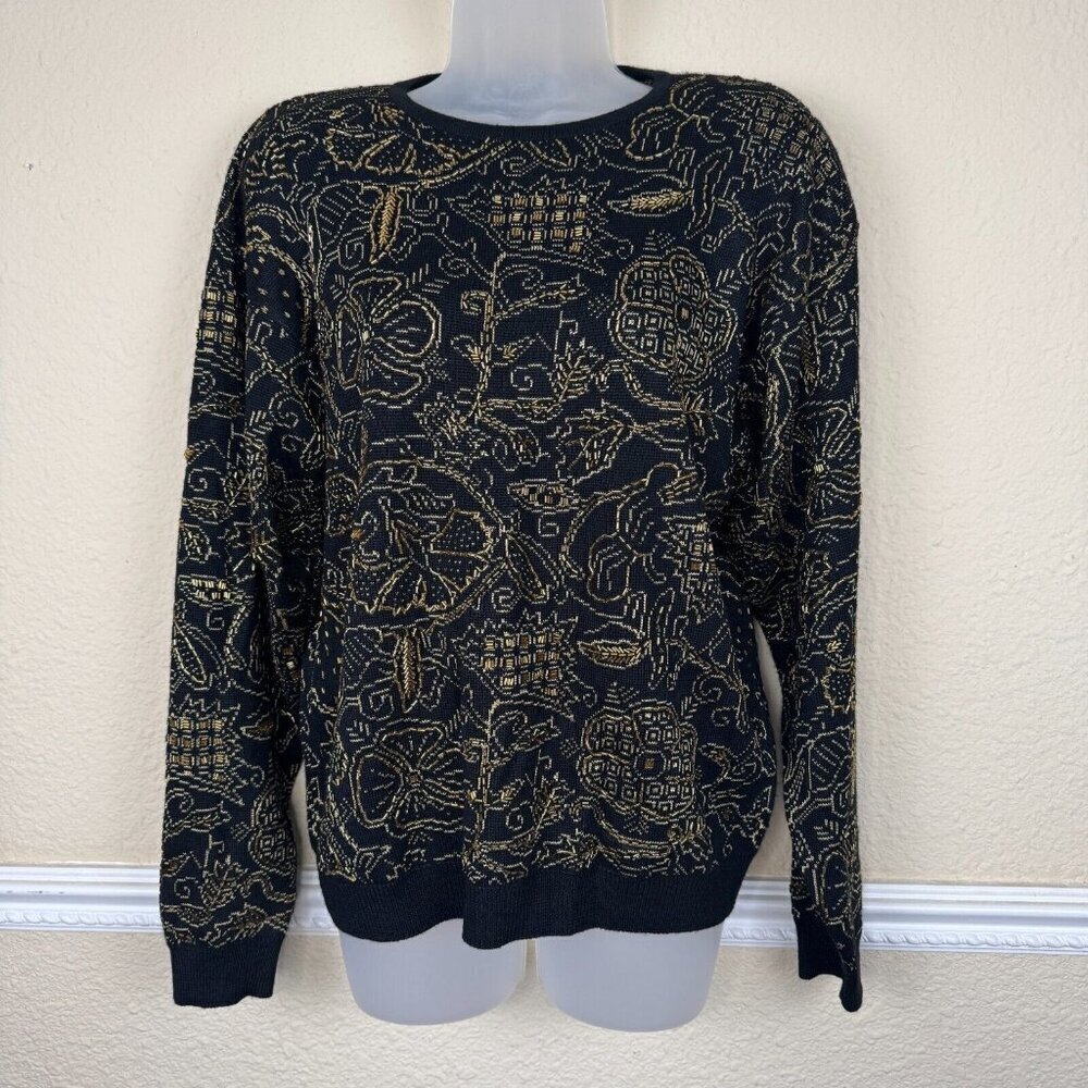 Vintage Knights Ltd Womens Med Sweater Gold Beaded Floral Wool Blend Artsy Dark